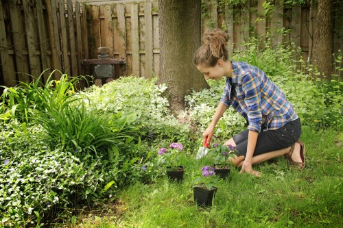 Hillingdon garden landscaping with pathways, shrubs, and fencing